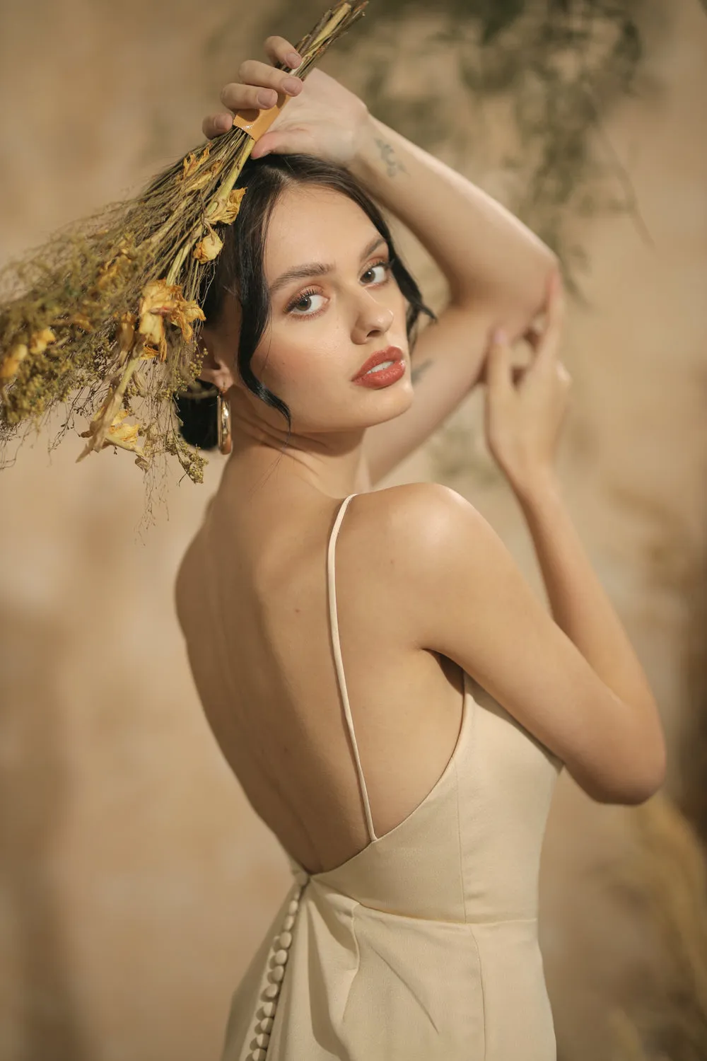 SOLEDAD Backless Maxi Dress with Back Button Detail and Trail (Nude Silk)