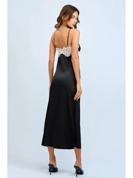Solid Color Satin Sleeveless Lace Trim Midi Dress - Black -
