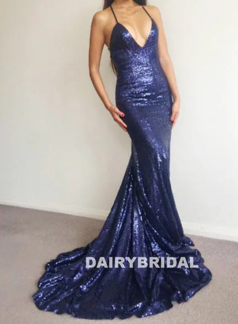Spaghetti Straps V-Neck Sequin Sexy Backless Mermaid Prom Dress, D724