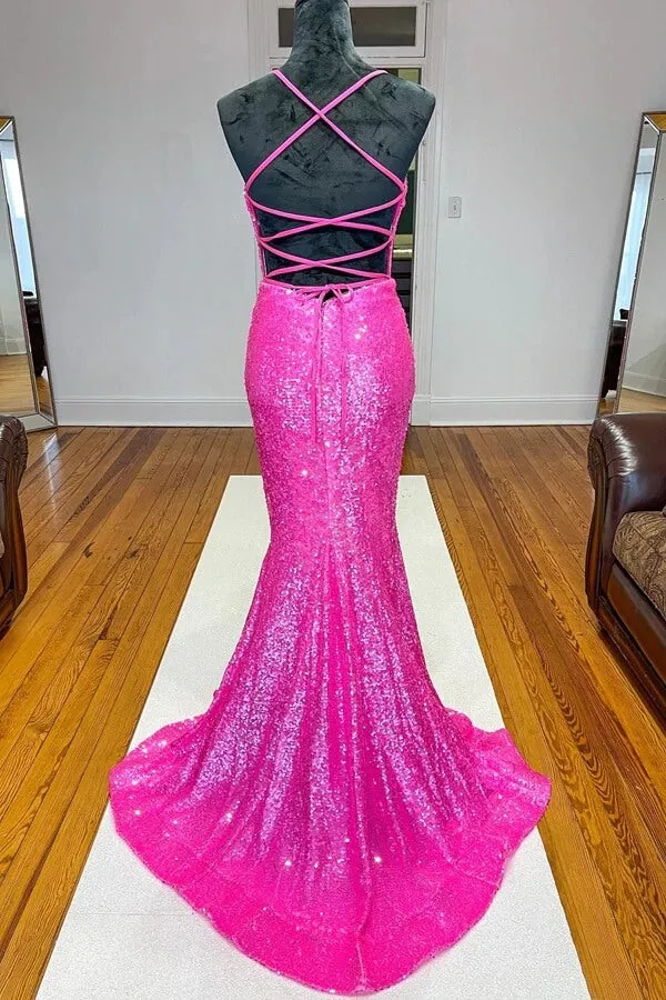Sparkly Orange Sequins Mermaid V-neck Prom Dresses, Long Formal Dress, MP684