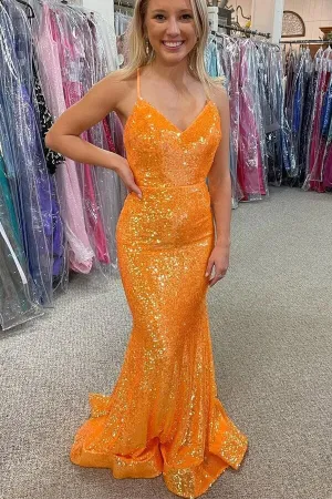 Sparkly Orange Sequins Mermaid V-neck Prom Dresses, Long Formal Dress, MP684