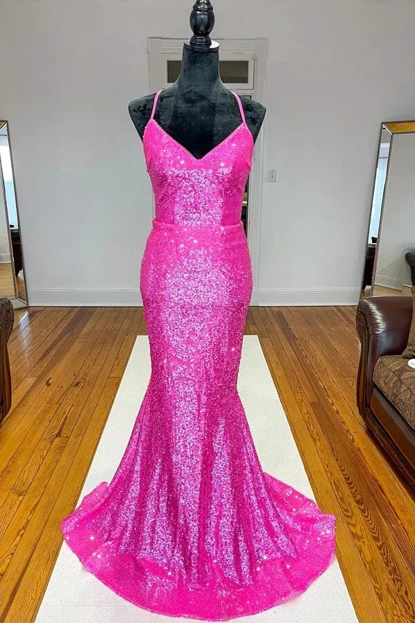 Sparkly Orange Sequins Mermaid V-neck Prom Dresses, Long Formal Dress, MP684