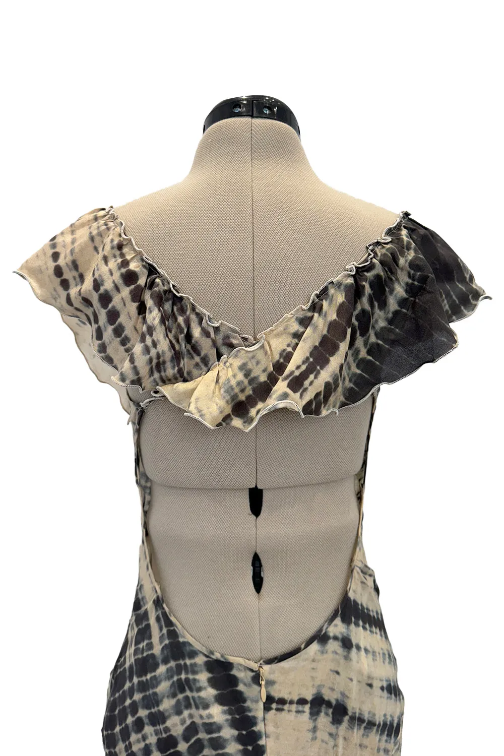 Spectacular Spring 2004 Alexander McQueen Backless Feather Light Silk Tie Dye Dress