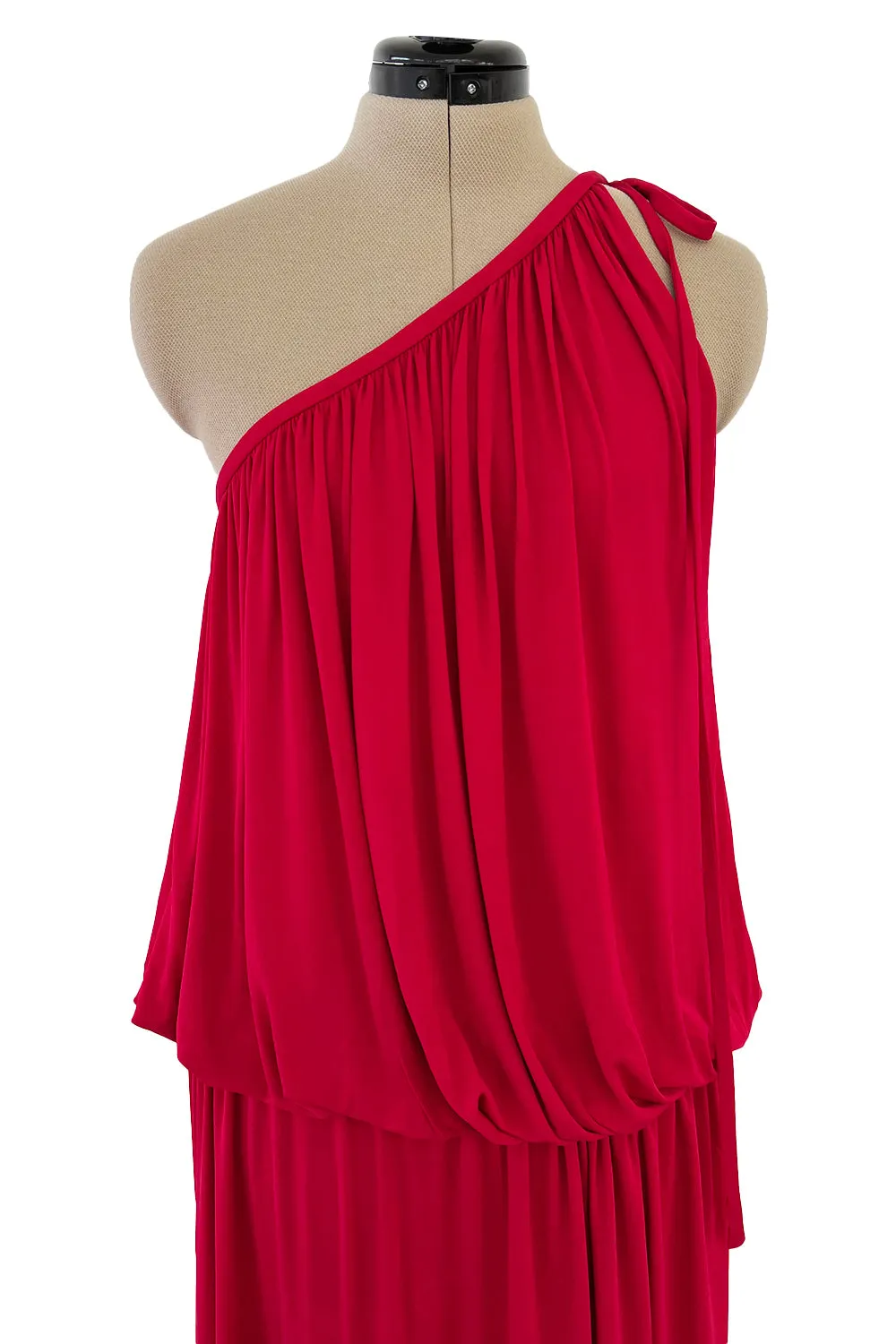 Spring 1982 Yves Saint Laurent Runway & Ad Campaign Red Jersey One Shoulder Dress