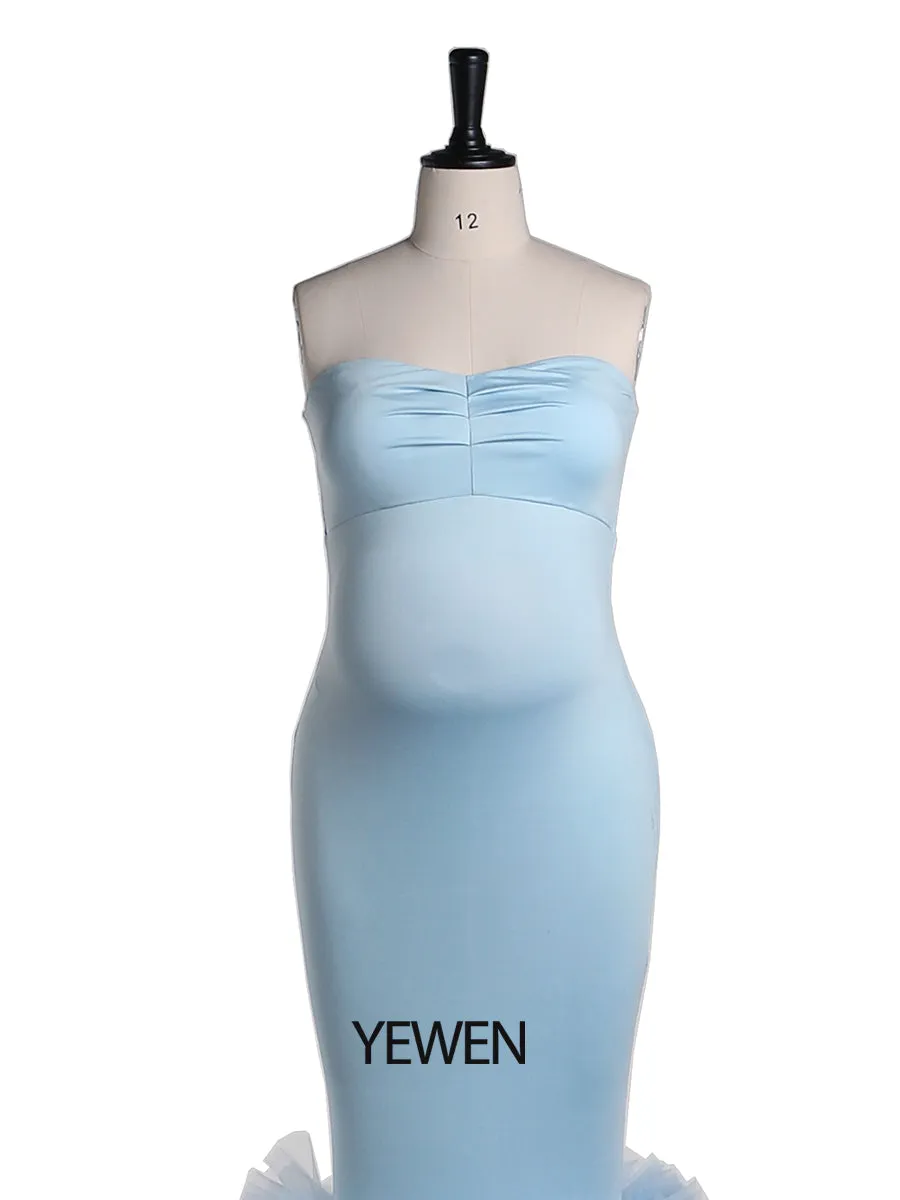 Strapless Baby Blue Mermaid Maternity Dress for Photo Shoots Photography Gown for Baby Shower YW21018