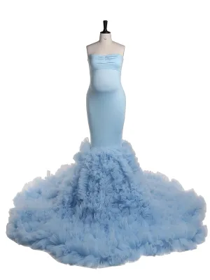 Strapless Baby Blue Mermaid Maternity Dress for Photo Shoots Photography Gown for Baby Shower YW21018