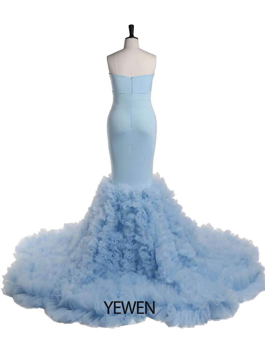 Strapless Baby Blue Mermaid Maternity Dress for Photo Shoots Photography Gown for Baby Shower YW21018