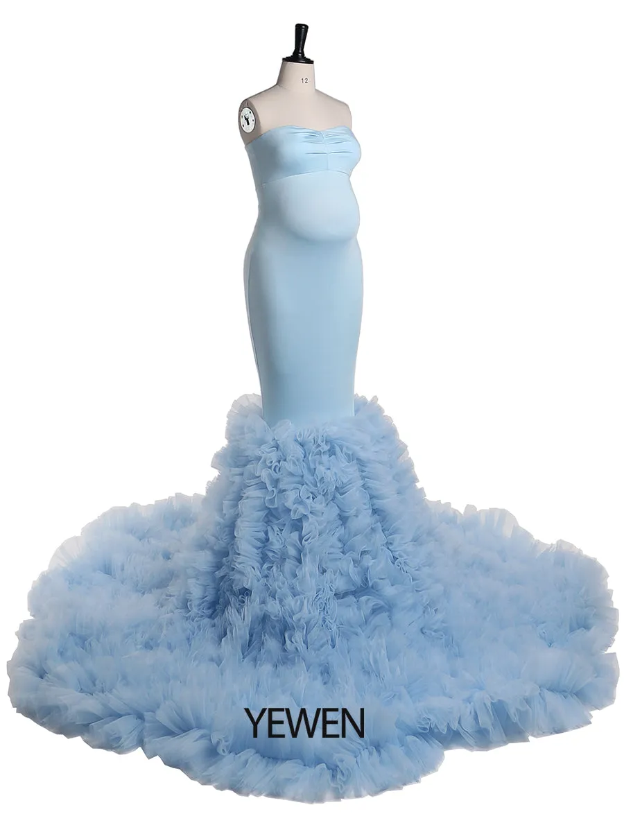 Strapless Baby Blue Mermaid Maternity Dress for Photo Shoots Photography Gown for Baby Shower YW21018