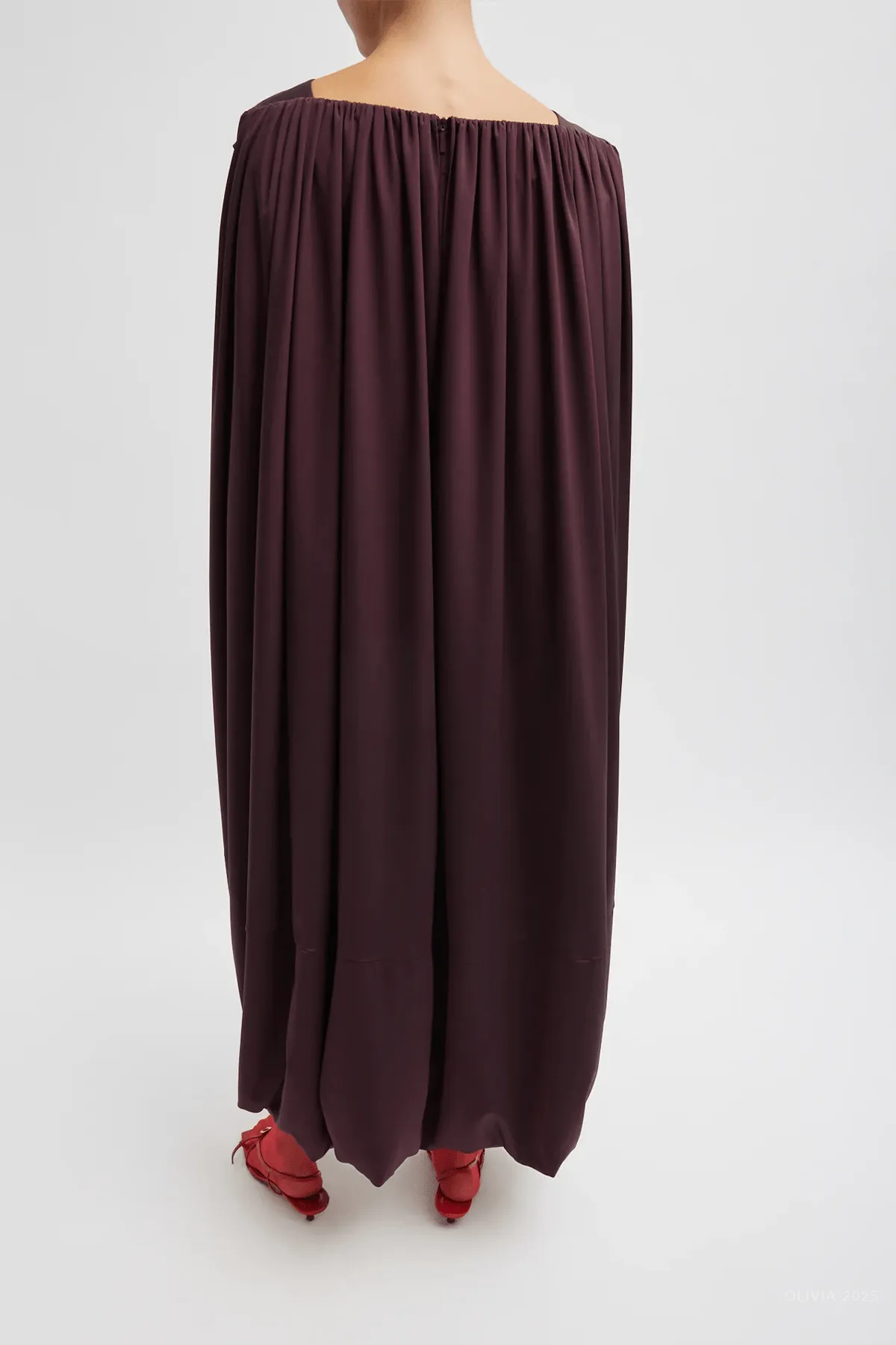 Stretch Silk Nylon Wide Neck Cape Dress in Malbec
