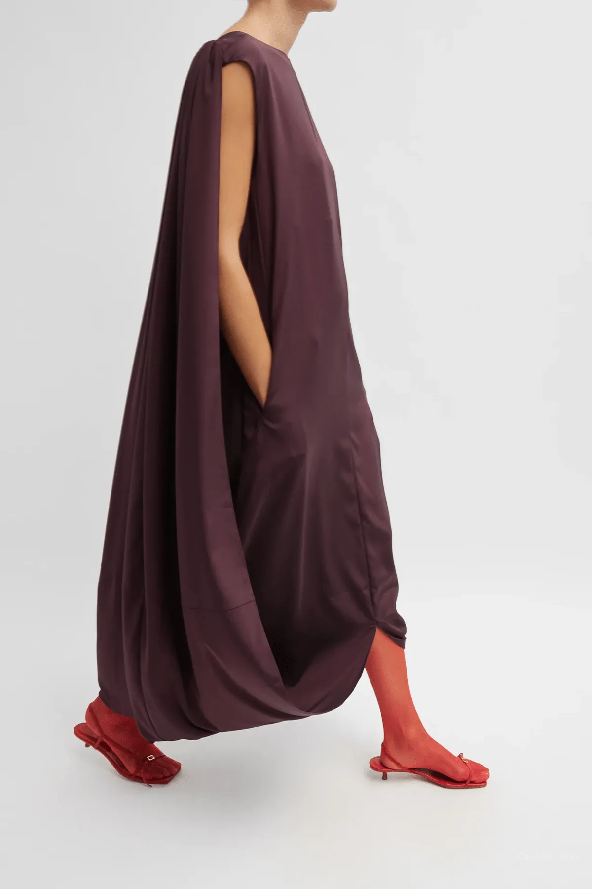 Stretch Silk Nylon Wide Neck Cape Dress in Malbec