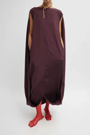 Stretch Silk Nylon Wide Neck Cape Dress in Malbec