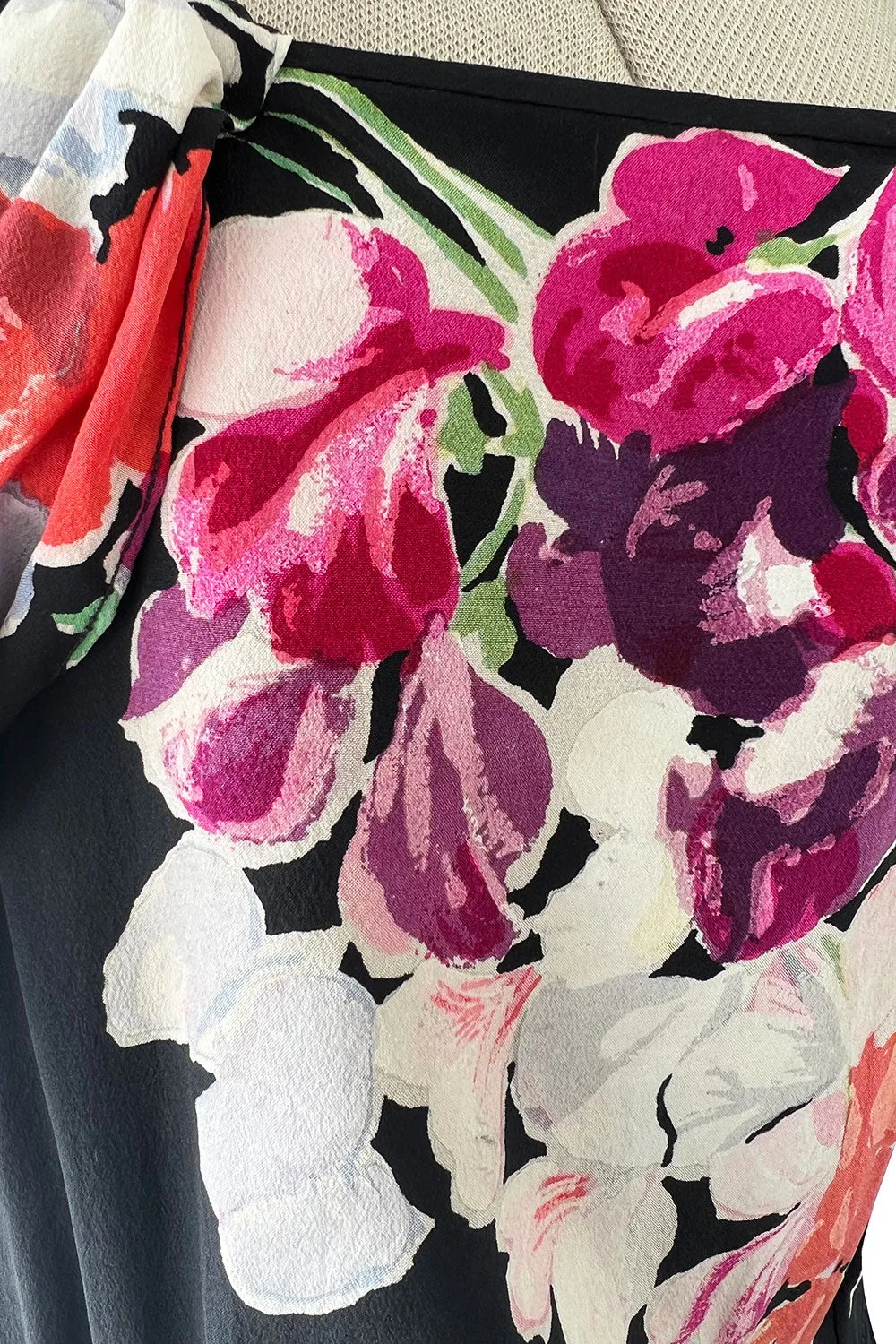 Stunning 1930s Unlabeled Black Silk Crepe Dress w Brilliant Pink & Coral Floral Print