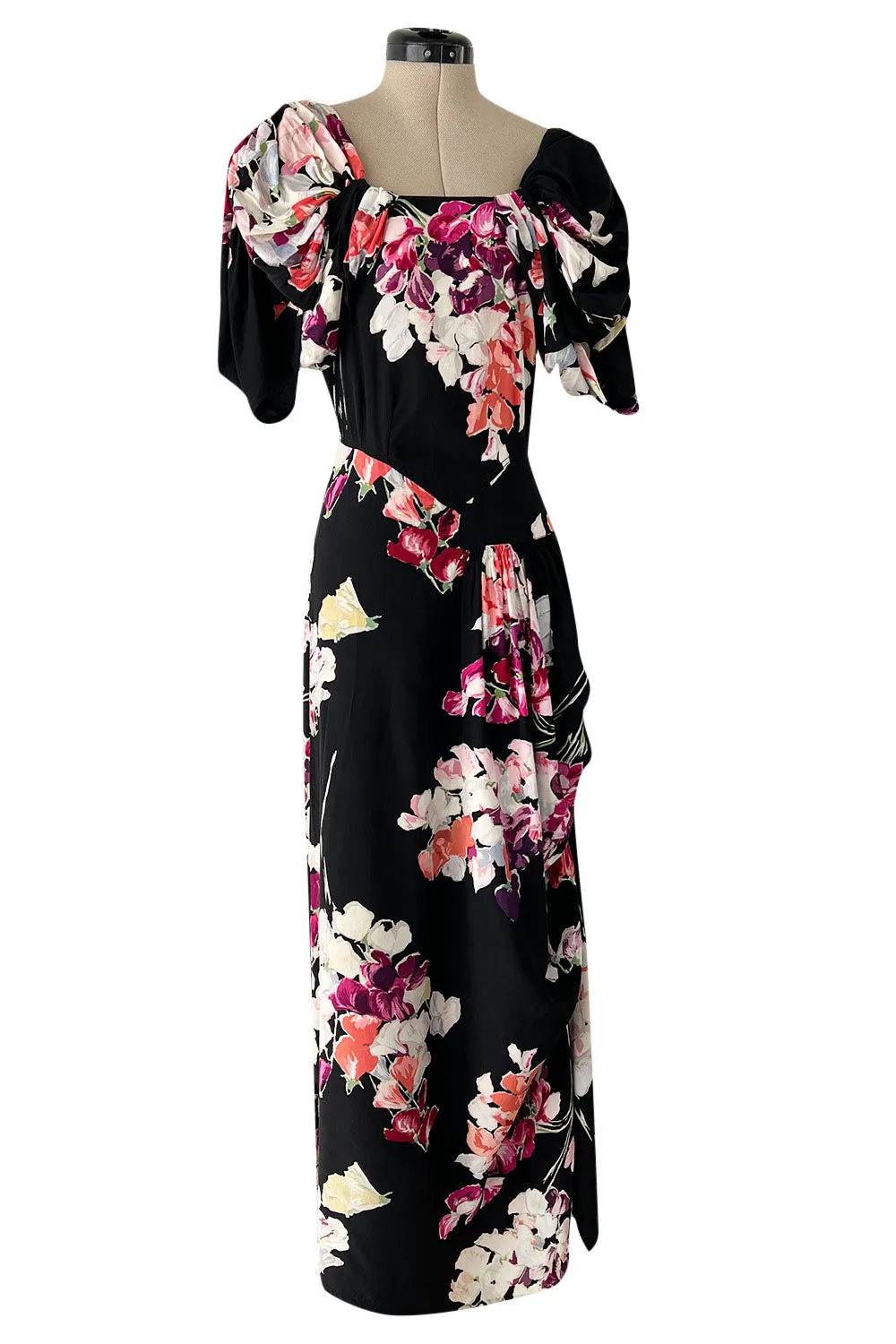 Stunning 1930s Unlabeled Black Silk Crepe Dress w Brilliant Pink & Coral Floral Print