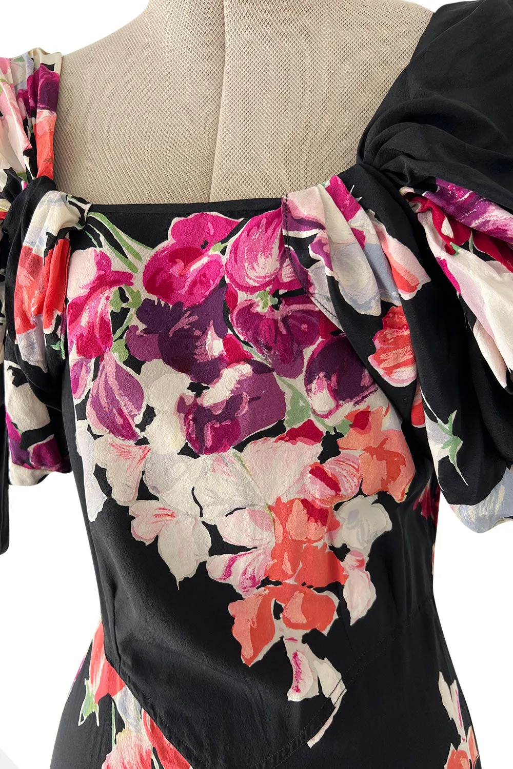 Stunning 1930s Unlabeled Black Silk Crepe Dress w Brilliant Pink & Coral Floral Print