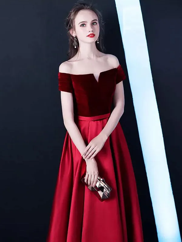 Stunning Burgundy Evening Dresses Off The Shoulder Velvet Satin Formal Dress Notched Neck Floor Length Evening Gowns