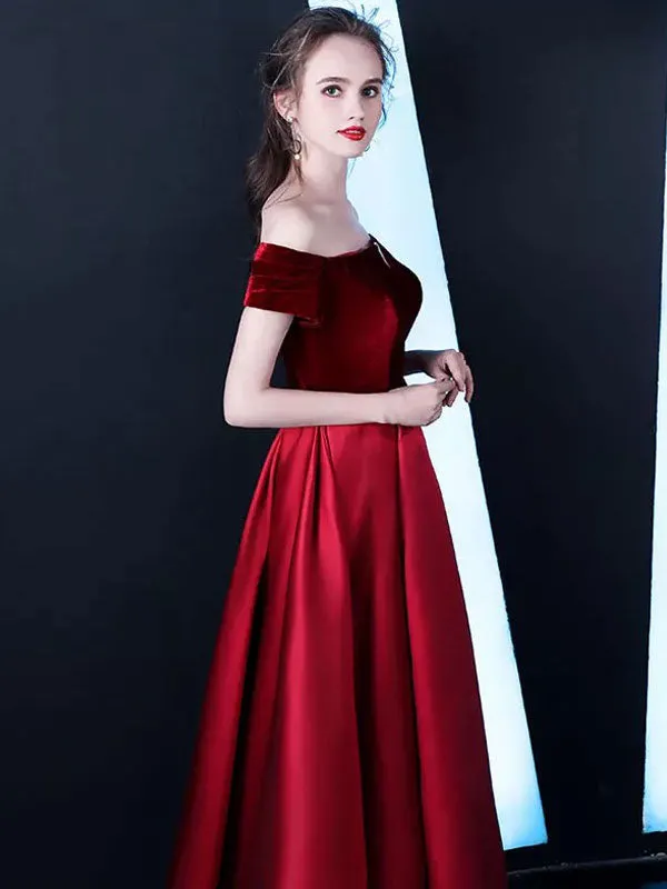Stunning Burgundy Evening Dresses Off The Shoulder Velvet Satin Formal Dress Notched Neck Floor Length Evening Gowns