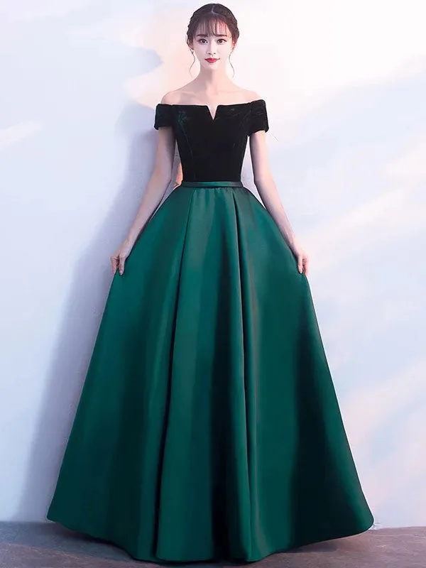 Stunning Burgundy Evening Dresses Off The Shoulder Velvet Satin Formal Dress Notched Neck Floor Length Evening Gowns