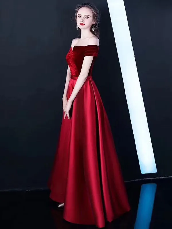 Stunning Burgundy Evening Dresses Off The Shoulder Velvet Satin Formal Dress Notched Neck Floor Length Evening Gowns
