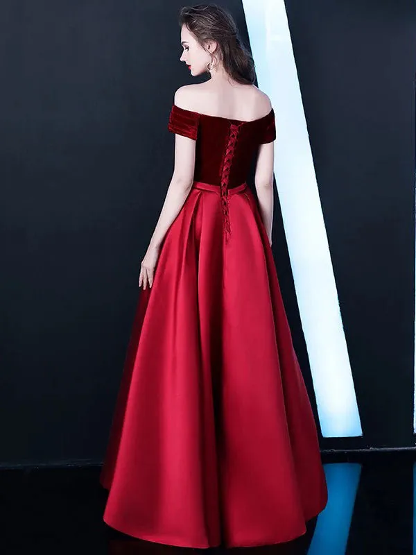 Stunning Burgundy Evening Dresses Off The Shoulder Velvet Satin Formal Dress Notched Neck Floor Length Evening Gowns