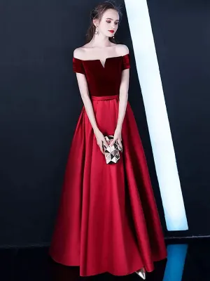 Stunning Burgundy Evening Dresses Off The Shoulder Velvet Satin Formal Dress Notched Neck Floor Length Evening Gowns