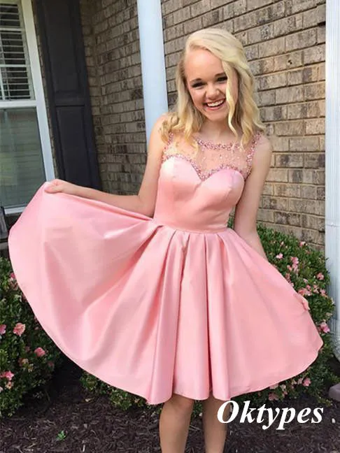Sweet Soft Satin Spaghetti Straps Round Neck A-Line Mini Dresses/ Homecoming Dresses With Beading, PDS0545