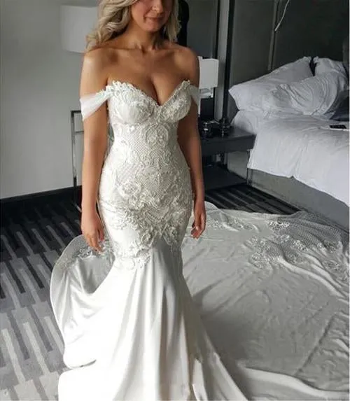 Sweetheart Off Shoulder Mermaid Long Wedding Dress with Sweep Train, MW119