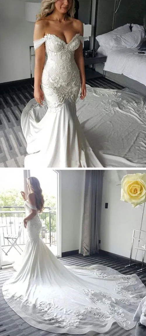 Sweetheart Off Shoulder Mermaid Long Wedding Dress with Sweep Train, MW119