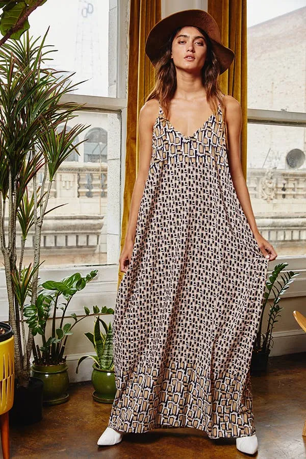 Taupe navy Geometric Maxi Slip Bucketlist Dress