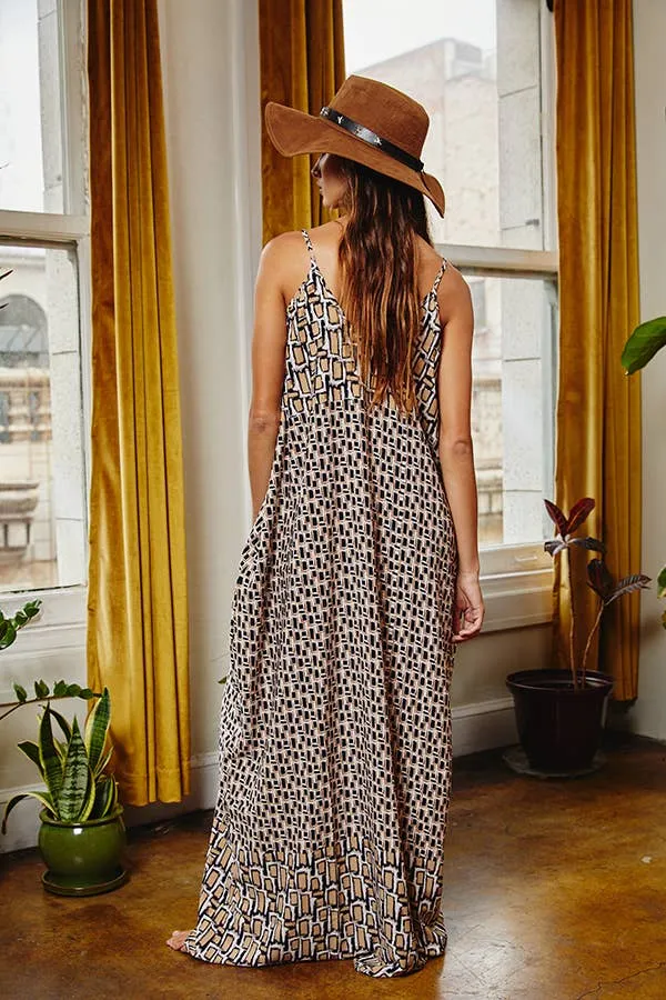 Taupe navy Geometric Maxi Slip Bucketlist Dress