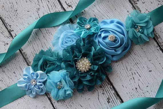 Teal Sash, Baby blue Sash, Flower Belt, Flower Girl Sash, Bridesmaids Sash,Maternity Sash, SA0031