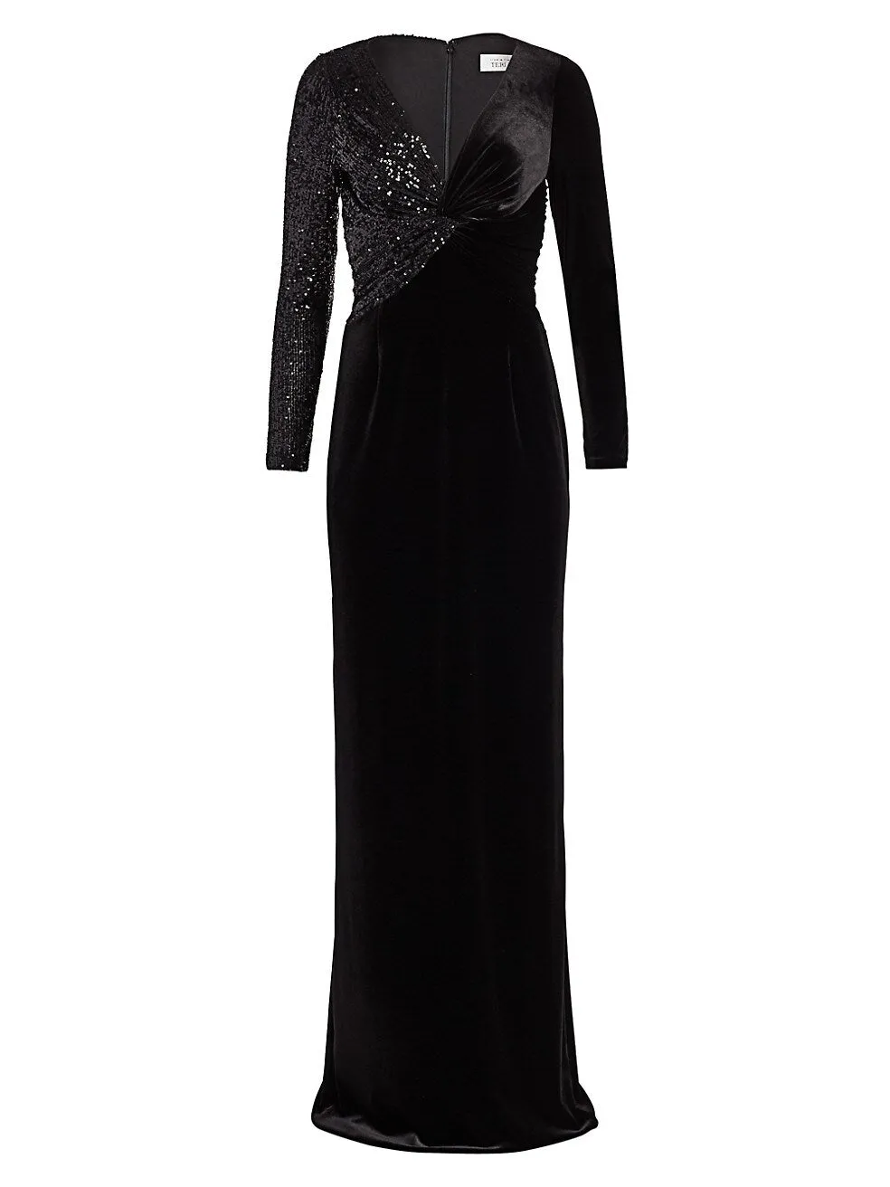 Teri Jon by Rickie Freeman Black Stretch-Velvet Sequin Gown $600 NEW