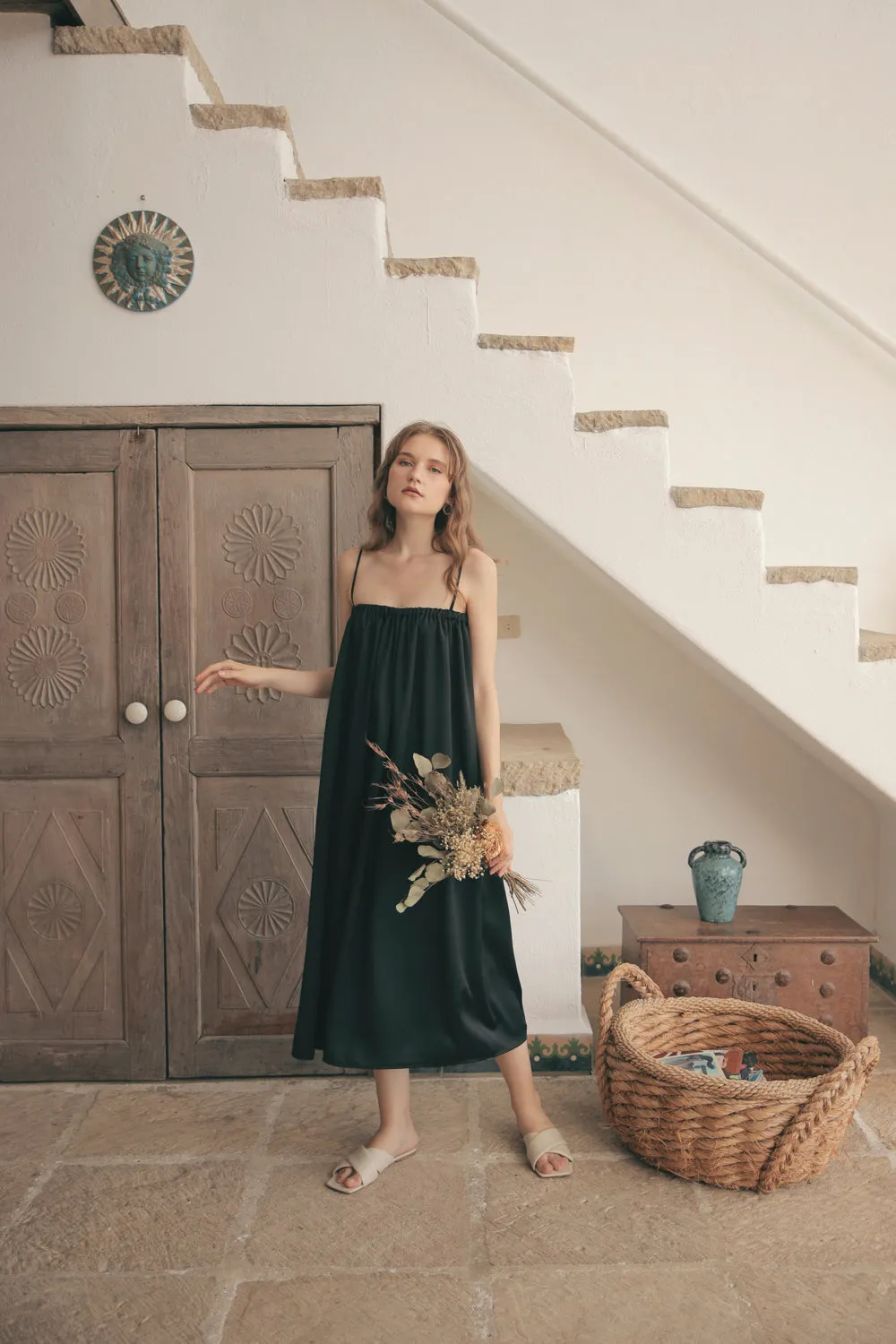 TOULOUSE Silk Slip Dress with Thin Straps (Black Silk)
