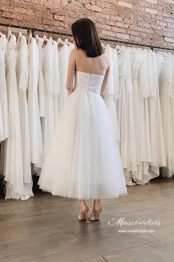 Tulle Satin Ankle Length Strapless Short Wedding Dresses, Bridal Dress, MW970