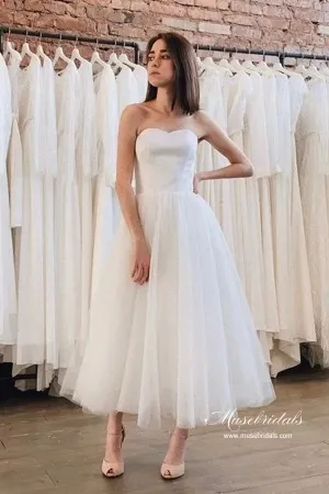 Tulle Satin Ankle Length Strapless Short Wedding Dresses, Bridal Dress, MW970