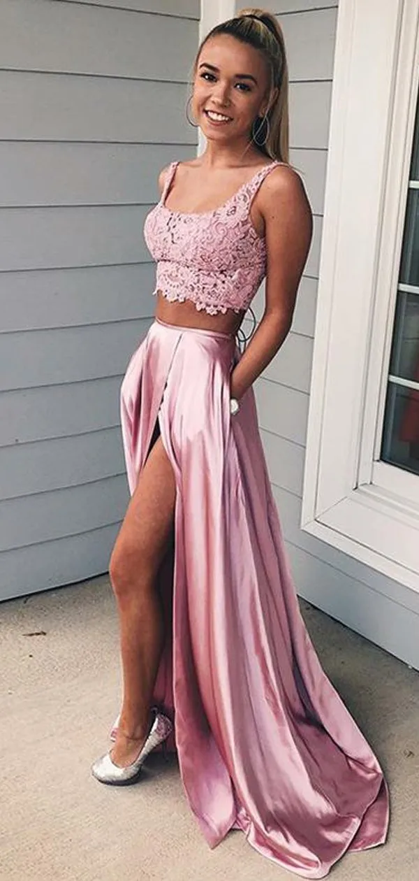 Two Piece A-Line Straps Pink Satin Prom Dress,Cheap Prom Dresses,PDY0532