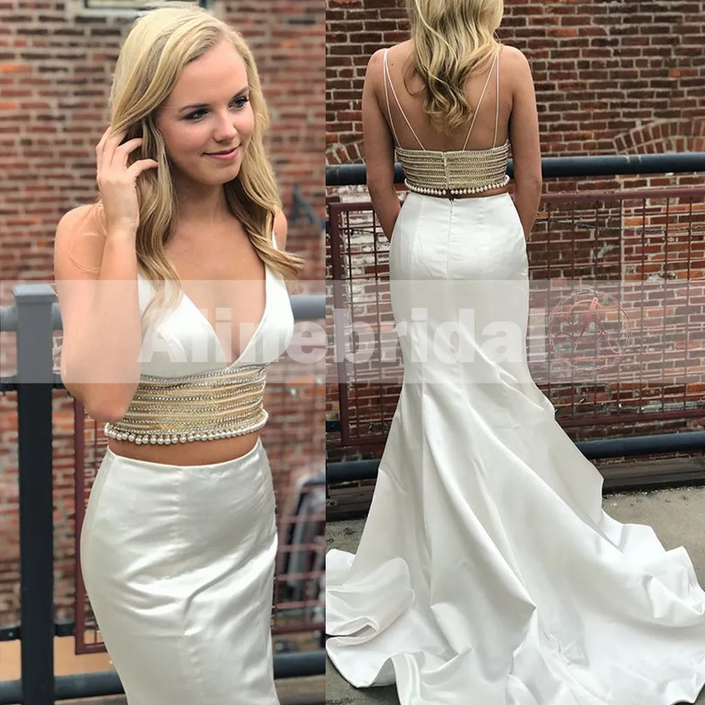 Two Piece Spaghetti Strap Mermaid Beading Prom Dresses, PD00088