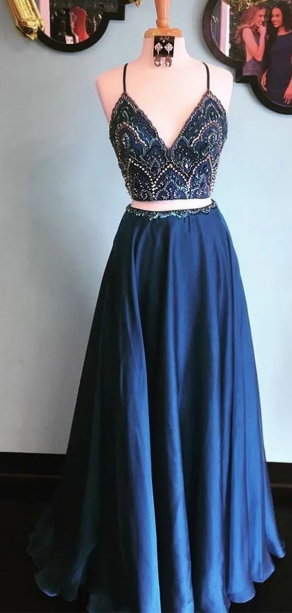 Two Piece Spaghetti Straps Blue Satin Prom Dresses with Beading, TYP1289