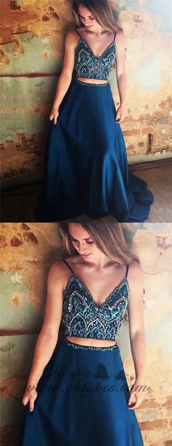 Two Piece Spaghetti Straps Blue Satin Prom Dresses with Beading, TYP1289