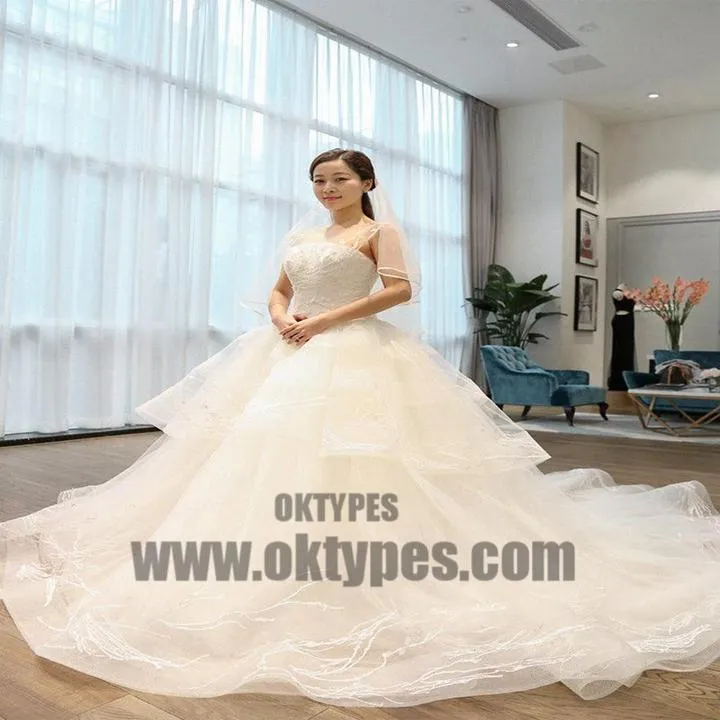 Two Straps Tulle Lace A line Long Tail Wedding Dresses, Custom Made Long Wedding Gown, Cheap Wedding Gowns, TYP0598