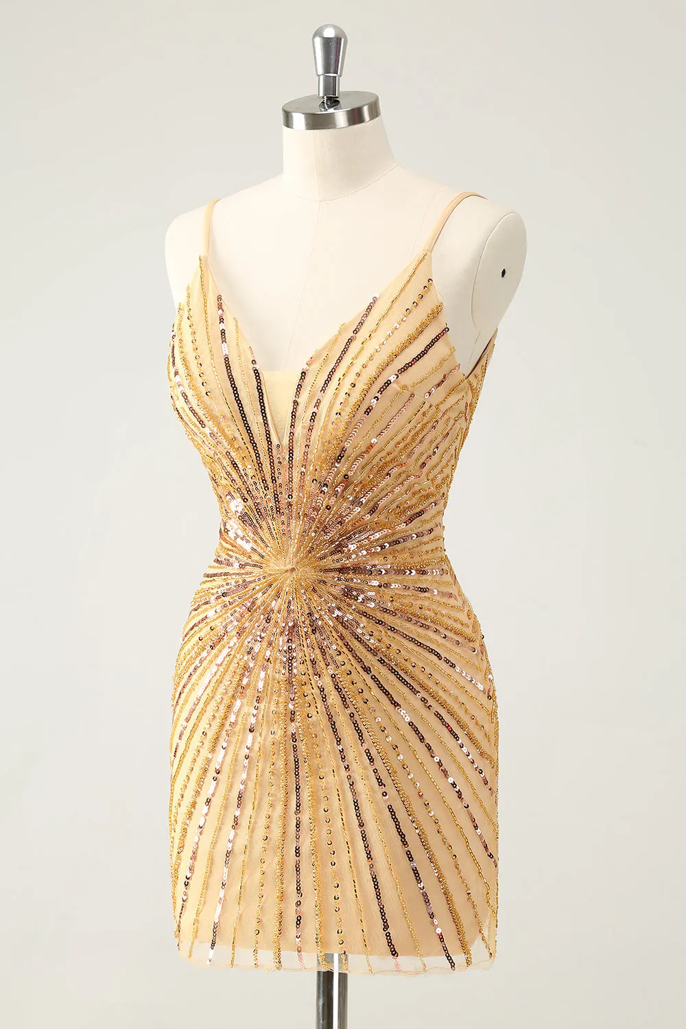 Unique Golden Tight Spaghetti Straps Backless Short Homecoming Dress with Sequins