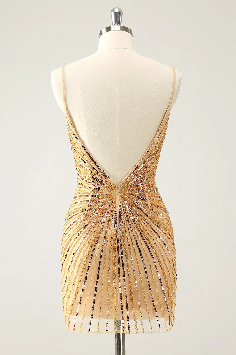 Unique Golden Tight Spaghetti Straps Backless Short Homecoming Dress with Sequins
