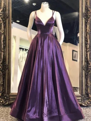 V Neck Purple Satin Long Prom, Purple Formal Graduation Evening