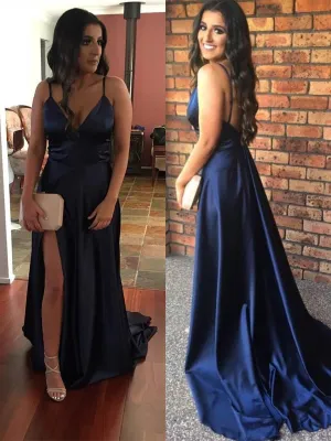 V Neck Spaghetti Straps Backless Satin Navy Blue Prom with Slit, Navy Blue Formal, Evening