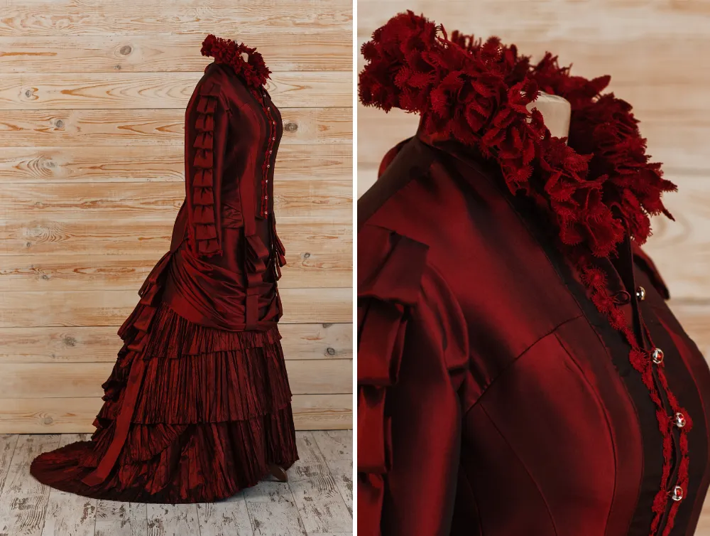 Victorian gothic red silk Lucille Sharpe Crimson Peak dress