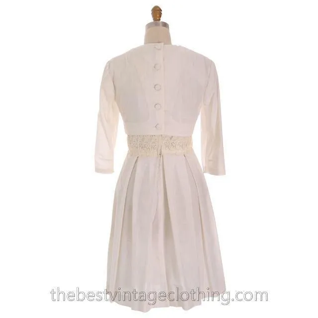 Vintage 1950s Ivory Raw Silk Summer  Day Dress with Short Jacket 34-27-Free