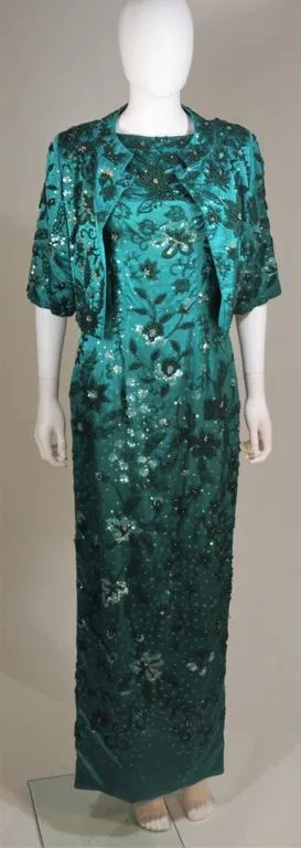 VINTAGE Circa 1960s Custom Emerald Gown & Jacket Size 4-8