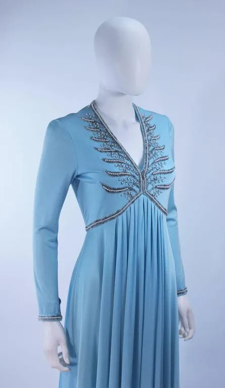 VINTAGE Circa 1970s Blue Beaded Jersey Gown Size Medium