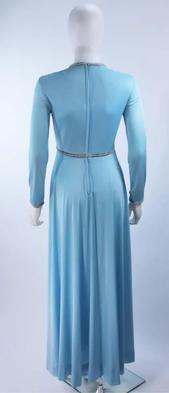 VINTAGE Circa 1970s Blue Beaded Jersey Gown Size Medium