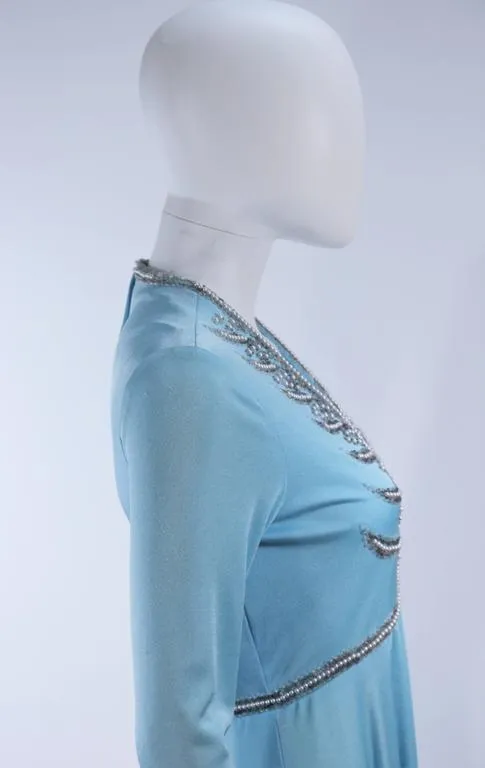 VINTAGE Circa 1970s Blue Beaded Jersey Gown Size Medium