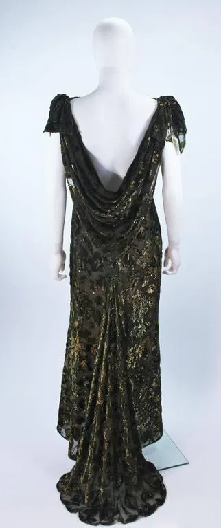 VINTAGE Green Metallic Silk Velvet Draped Gown Size 6-8